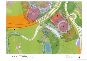 Illunbeko mapa: 1 zenbakia, lehen lursaila da; 2 zenbakia, bigarrena, eta 3 zenbakidun eremua ezin da saldu; zezen plazari dagokiona.